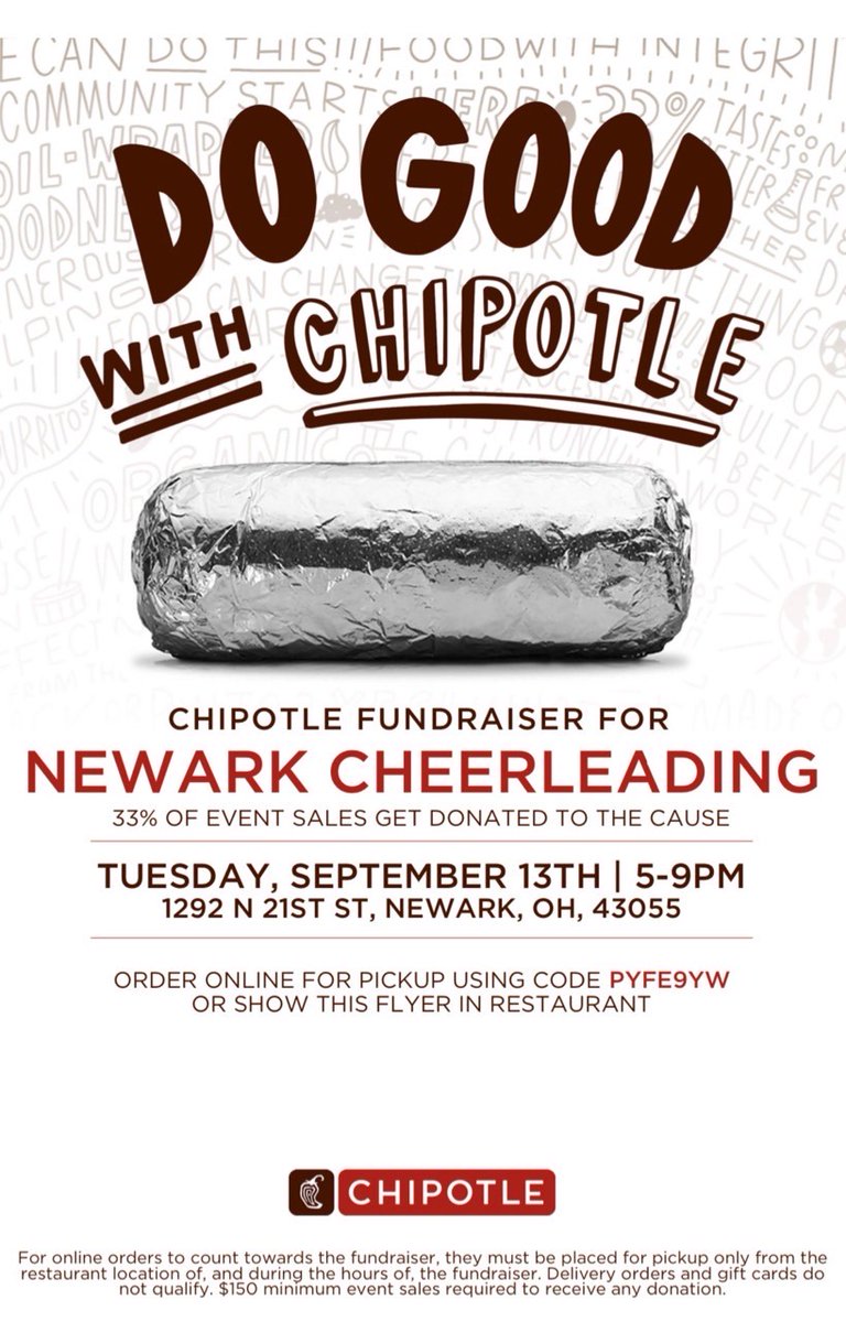 Newark_Schools's tweet image. Support Newark Cheerleading and have a great meal at Chipotle on 21st Street - on Tues., Sept. 13, from 5-9 p.m.