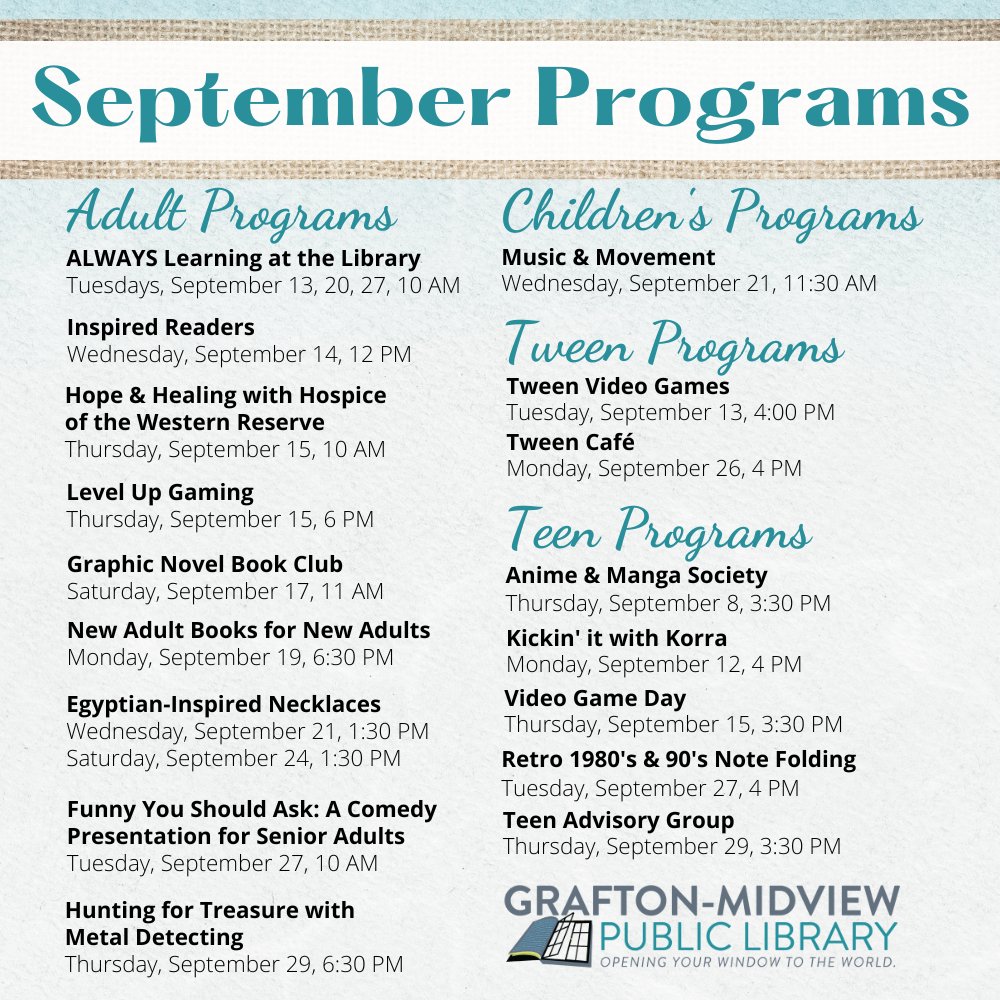 GraftonPL's tweet image. Get our your calendars everybody! The Grafton-Midview Public Library is offering some really awesome programs this fall for all ages! 🗓️📖⛅#fallprogramming #September #adults #teens #tweens #childrens #Library #GMPL