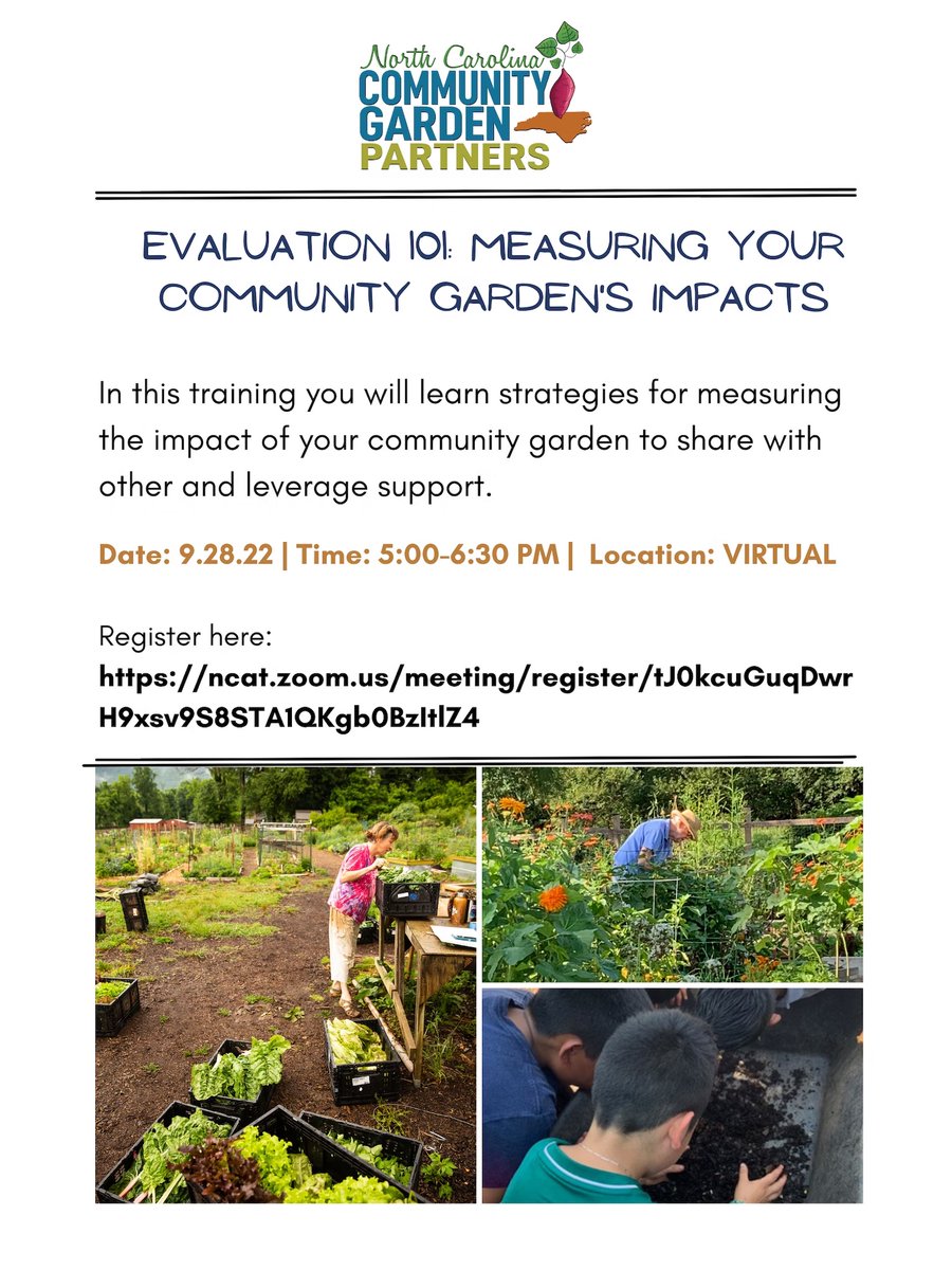 INC A&amp;T Extension and the NC Comm. Garden Partnership invites community gardeners to Evaluation 101, a program to measure the impact of your CG. Join us virtually 5 pm - 6:30 pm, Sept. 28. Register here: bit.ly/3Qp8luc
<a href="/NCCGP/">NCCGP</a> <a href="/ncatcaes/">N.C. A&T CAES</a> #communitygarden