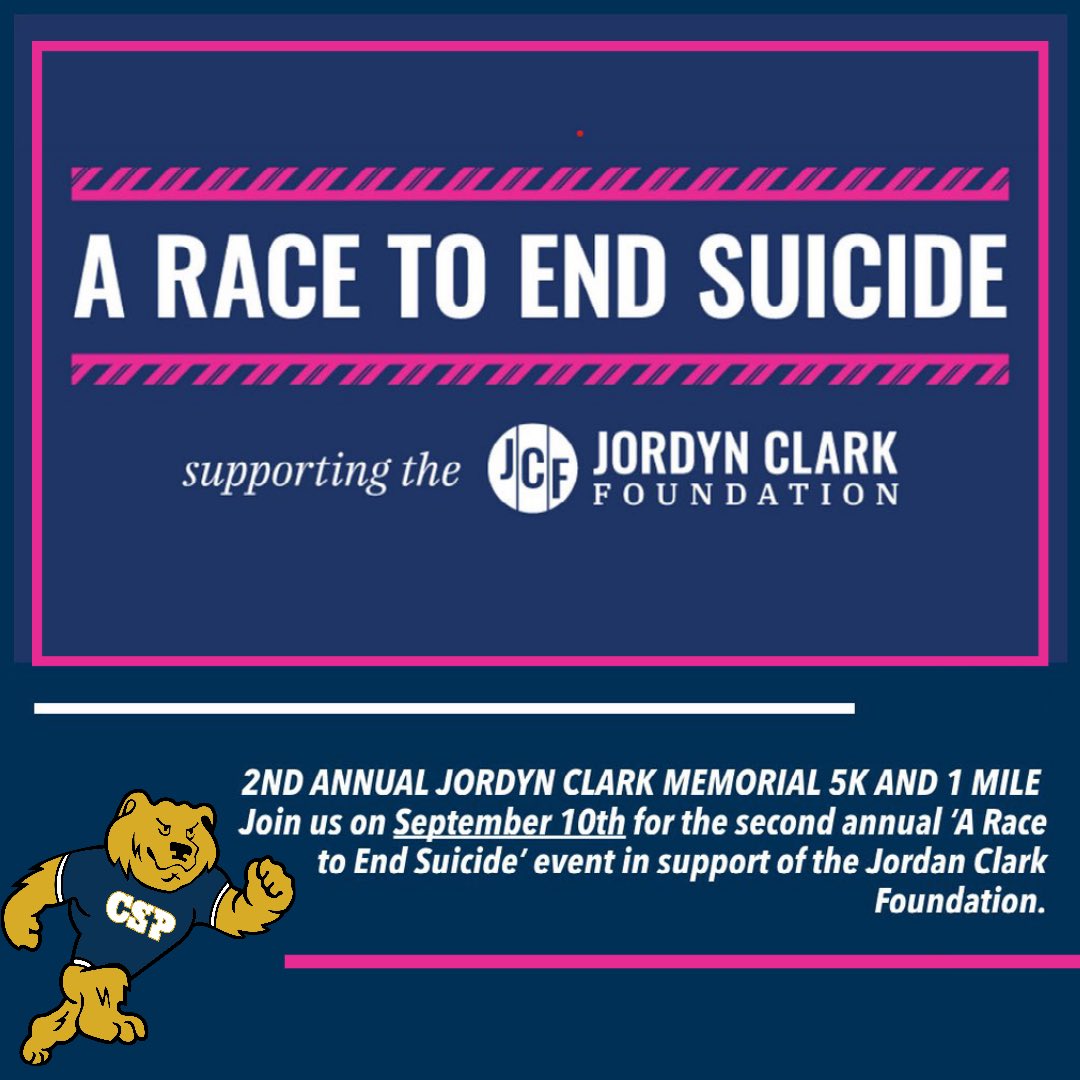 CSPBearsSOC's tweet photo. This Saturday join us for the second annual ‘A Race to End Suicide’ event in support of the Jordan Clark Foundation. Registration link to get signed up is in our bio. https://t.co/OLyS050gjH