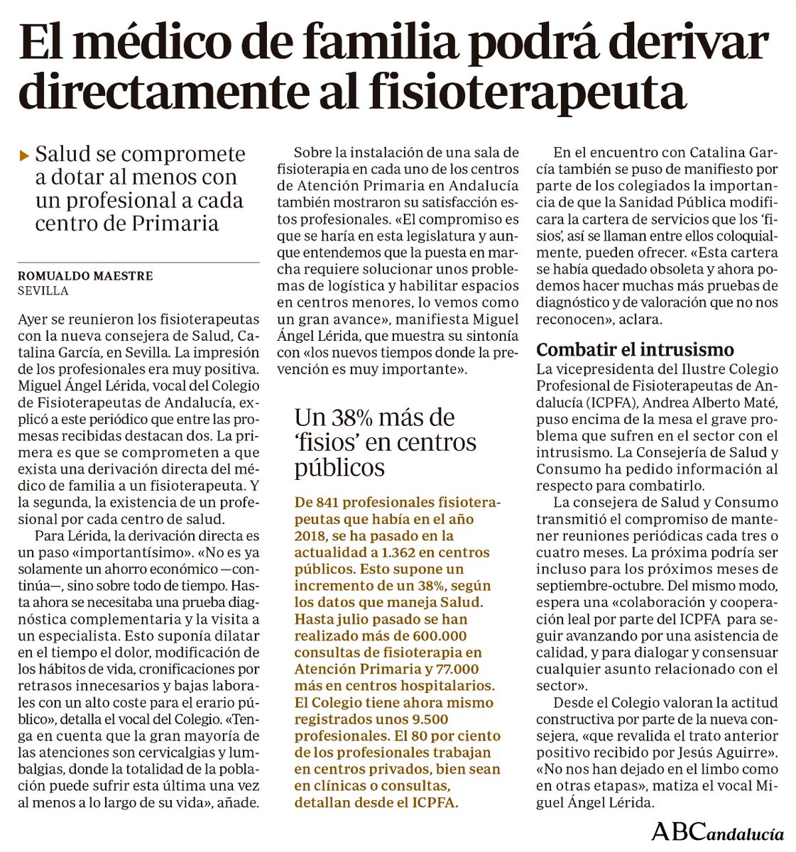 📰 El médico de familia podrá derivar directamente al fisioterapeuta
El <a href="/Colfisio/">Colfisio</a> se reunió con la consejera de #Salud de #Andalucía para tratar algunos de los principales problemas de la profesión sanitaria en su comunidad. 

#YoSoyFisio