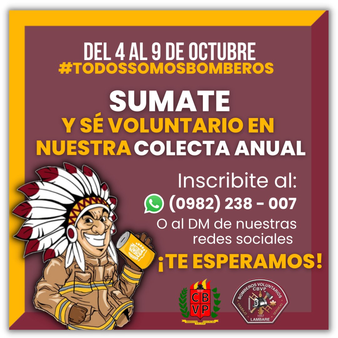Del 4 al 9 de octubre #todossomosbomberos !! 
Este año en Octubre volvemos a llenar las calles de #Lambaré de amarillo y bordó y esperamos tu colaboración! 
Sumate siendo voluntario para nuestra Colecta Anual, para eso podes inscribirte en este link: forms.gle/KVgxqB4Pyvx7X8…