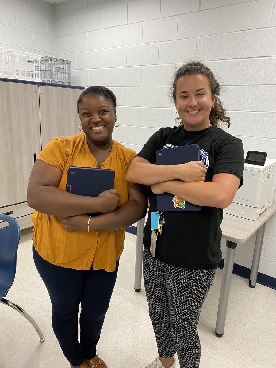 Our K teachers got their iPads set up today! We are EXCITED and READY to get these kinder kiddos on their iPads next week!  Check out <a href="/MissCarr04/">Amelia Carr</a> and <a href="/ms_stevenson_/">Gabrielle Stevenson</a> modeling the proper way to carry an iPad to keep it safe! #BucknellStrong #fcpssbts