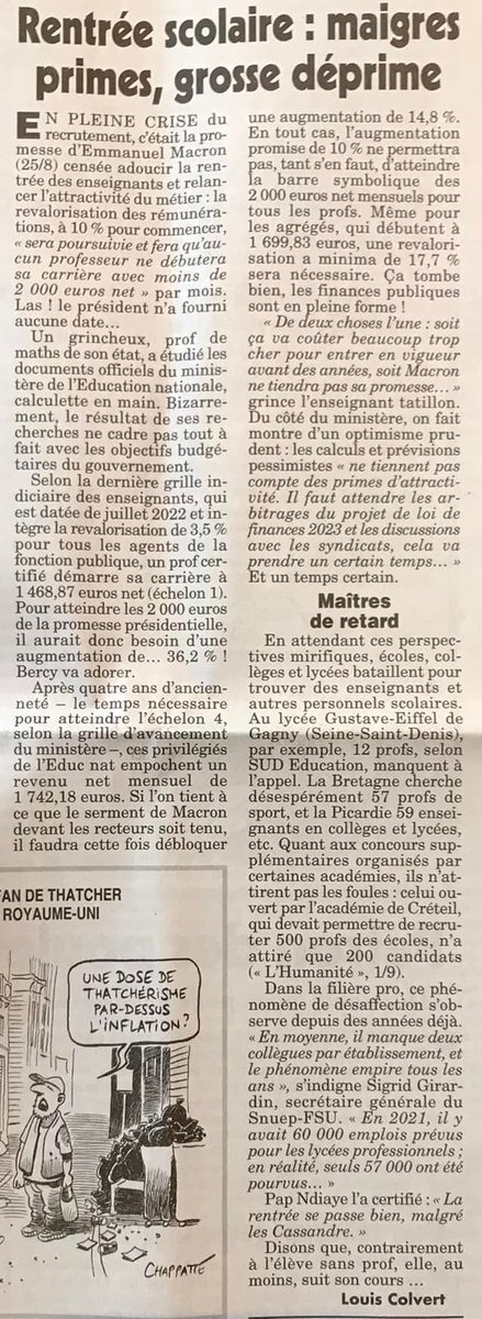 💰❓🤌

« Un professeur certifié démarre sa carrière à 1468,87 euros net (échelon 1). Pour atteindre les 2000 euros de la promesse présidentielle, il aurait donc besoin d'une augmentation de ... 36,2% ! Bercy va adorer. »

<a href="/SnesFsu/">SNES-FSU</a> <a href="/FsuNationale/">FSU</a>