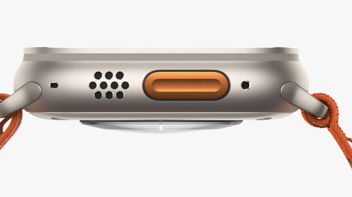 ijustine's tweet photo. New Apple Watch Ultra: Aerospace grade titanium case, flat sapphire crystal, new action button, larger digital crown, 2nd speaker, cellular, up to 36 hours of battery life on a single charge!

New Apple Watch band - Alpine loop and trail loop!

#AppleEvent https://t.co/QwrLtGBKsc