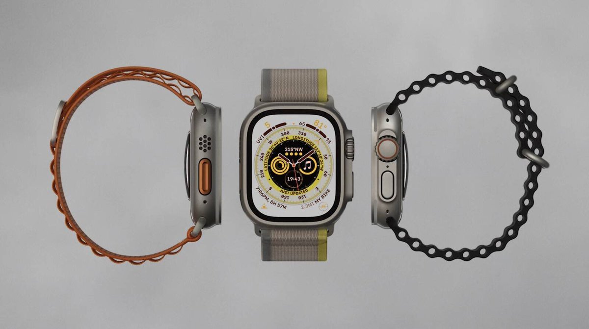 ijustine's tweet photo. New Apple Watch Ultra: Aerospace grade titanium case, flat sapphire crystal, new action button, larger digital crown, 2nd speaker, cellular, up to 36 hours of battery life on a single charge!

New Apple Watch band - Alpine loop and trail loop!

#AppleEvent https://t.co/QwrLtGBKsc