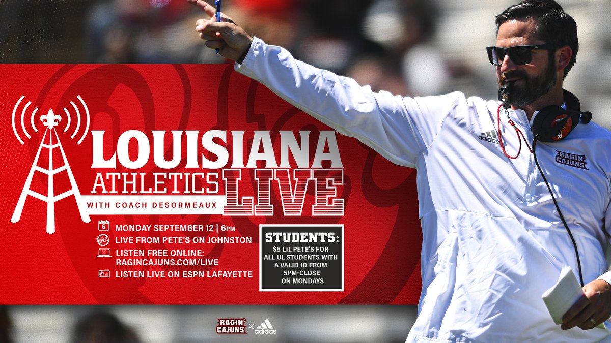 📻 𝗟𝗢𝗨𝗜𝗦𝗜𝗔𝗡𝗔 Athletics Live returns on Monday, Sept. 12, at 
<a href="/peteslafayette/">Pete's Lafayette</a>!

Join <a href="/ULCajunsVoice/">Jay Walker</a> and <a href="/michaeldes1/">Michael Desormeaux</a> to talk <a href="/RaginCajunsFB/">Louisiana Ragin’ Cajuns® Football</a>!

#GeauxCajuns ⚜️