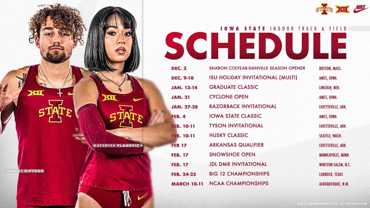 𝗘𝘆𝗲𝘀 𝗼𝗻 𝟮𝟬𝟮𝟮-𝟮𝟯.

𝘛𝘩𝘦 𝘪𝘯𝘥𝘰𝘰𝘳 𝘵𝘳𝘢𝘤𝘬 𝘢𝘯𝘥 𝘧𝘪𝘦𝘭𝘥 𝘴𝘤𝘩𝘦𝘥𝘶𝘭𝘦 𝘪𝘴 𝘩𝘦𝘳𝘦.
🗓️ bit.ly/3BitEcL | 📰 bit.ly/3ejPOlI

#Run4ISU #Throw4ISU