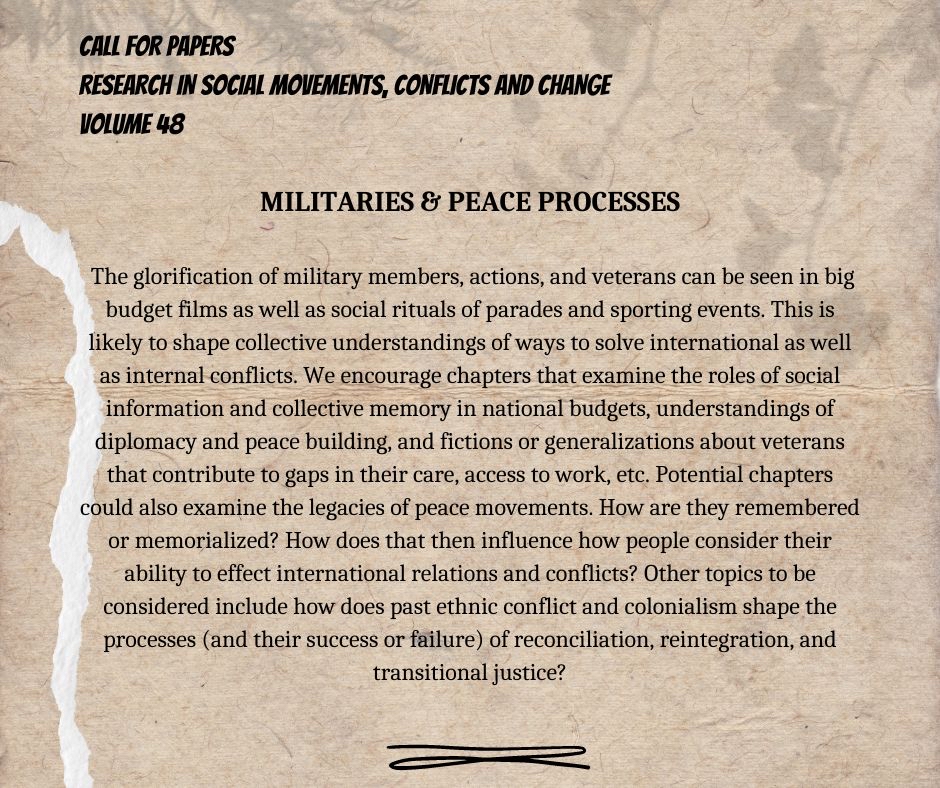 RSMCCEmerald's tweet photo. RSMCC VOL 48 CALL FOR PAPERS
DEADLINE: OCT 1

What are the roles of memory and information in a variety of areas, including contemporary regimes, militaries, peacebuilding, boundary developments, activism, nonviolence, other political processes, and aspects of social change? https://t.co/MeSrpWZizT