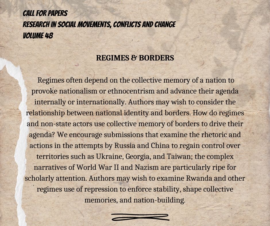 RSMCCEmerald's tweet photo. RSMCC VOL 48 CALL FOR PAPERS
DEADLINE: OCT 1

What are the roles of memory and information in a variety of areas, including contemporary regimes, militaries, peacebuilding, boundary developments, activism, nonviolence, other political processes, and aspects of social change? https://t.co/MeSrpWZizT