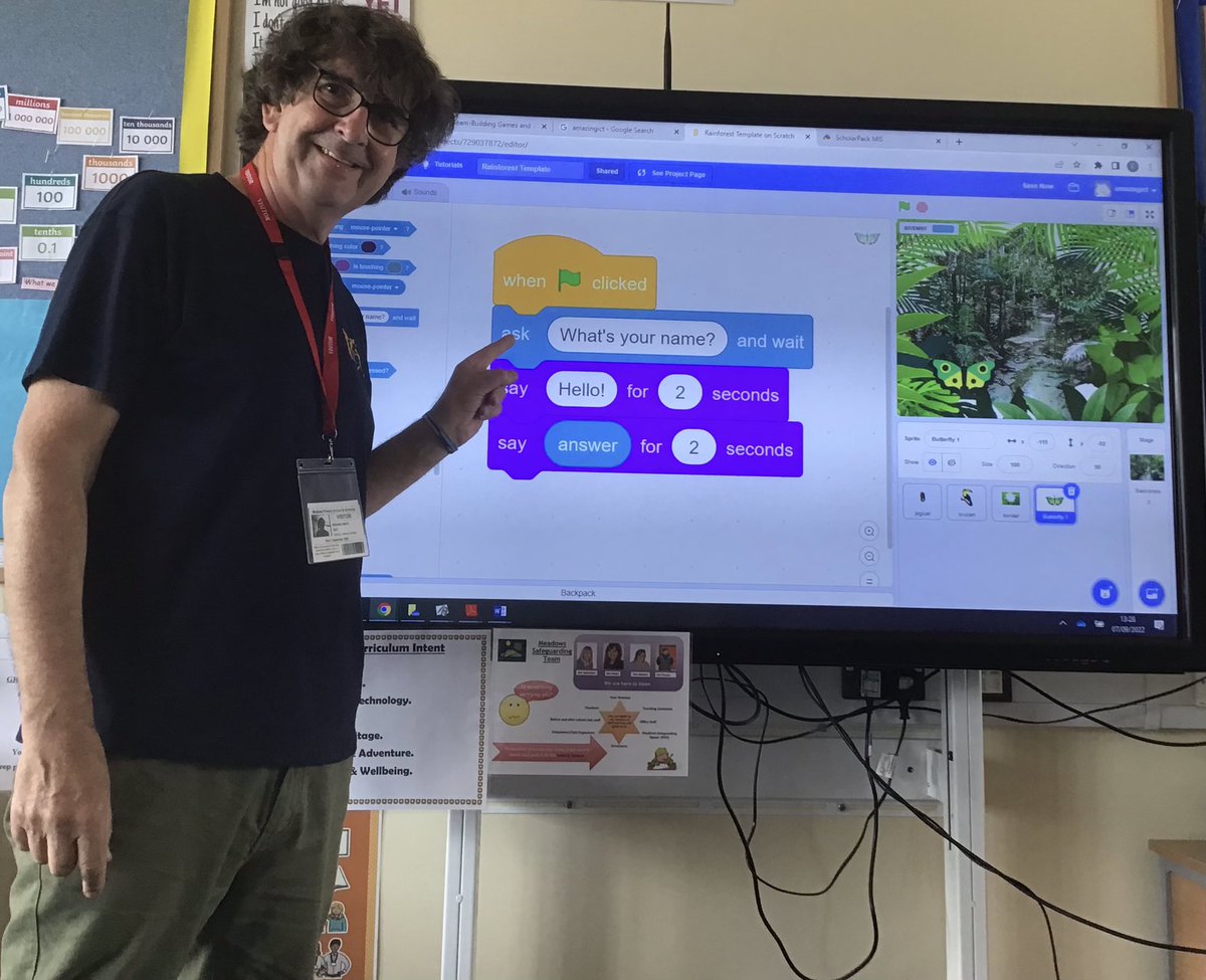 amazingict's tweet photo. I’m back…. Doing something I love… helping students create interactive designs. Great atmosphere at @meadows_primary (you can increase the efficiency by using a ‘join’ instruction between hello and name) #Scratch #Computing #Telford https://t.co/8BZaW3046x