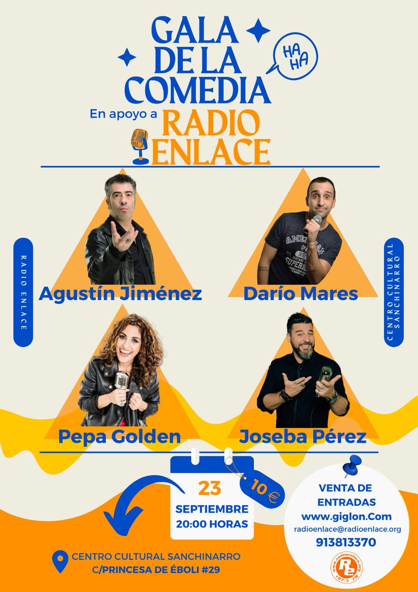 GALA DE LA COMEDIA DE RADIO ENLACE:

El próximo día 23 de septiembre se celebrará en nuestro vecino barrio de Sanchinarro una gala de comedia que seguro os interesará.

#HacemosBarrio #AVMontecarmelo #Montecarmelo #Madrid #FuencarralElPardo #Sanchinarro #RadioEnlace