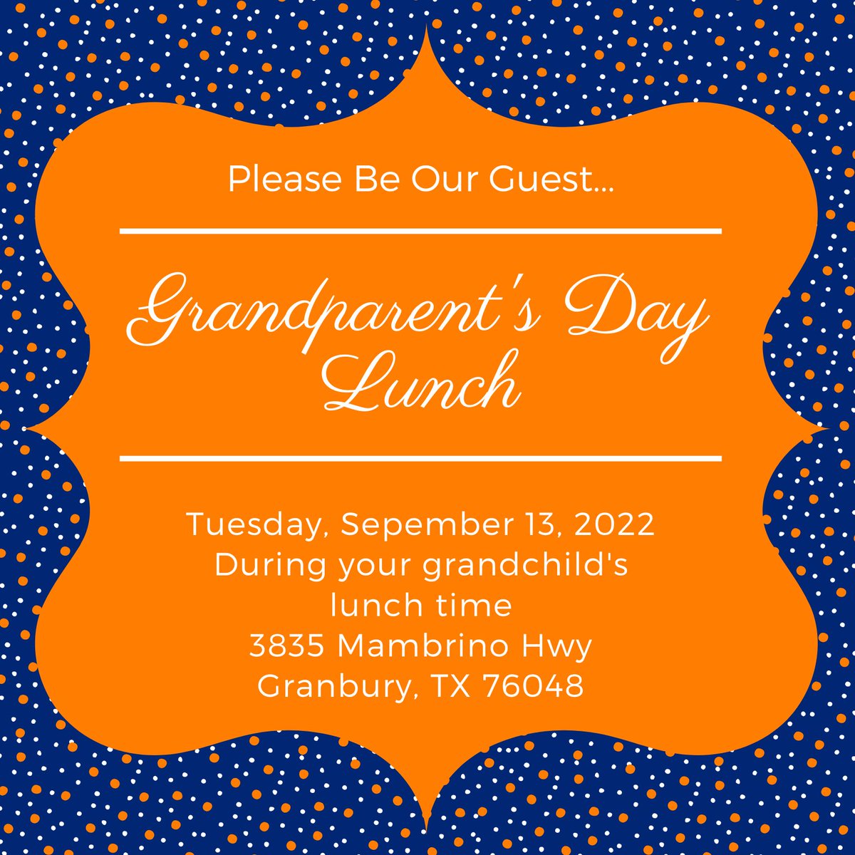 mambrinosteam's tweet photo. 💜Be our guest for our annual Grandparents Lunch next Tuesday, September 13, 2022 during your child’s lunch time. Please see the email from Mrs. Whisenhunt about signing up for a Fast Pass to skip the front office line! $4.25 to purchase a school meal. 💜 @granburyisd https://t.co/YUrVKyFUXN