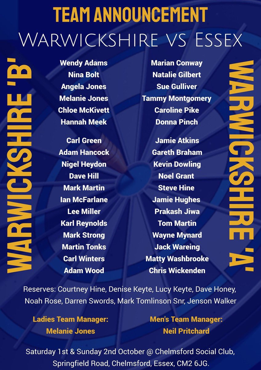 WarksDarts's tweet photo. The team line up for our next game. Warwickshire v Essex 1st and 2nd of October in Essex. https://t.co/aaYROLwuAN