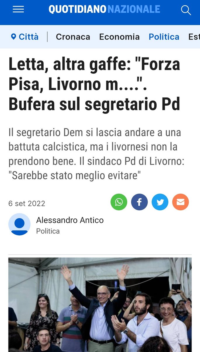 CrazyItalianPol's tweet photo. At the public event of the Democratic Party in Pisa, Secretary Enrico Letta sings chants against the city of Livorno, Pisa's historical rival, calling it 'shit'. The Livorno PD leaders are not very happy.

Sept 6, 2022 https://t.co/X1akV28kC7