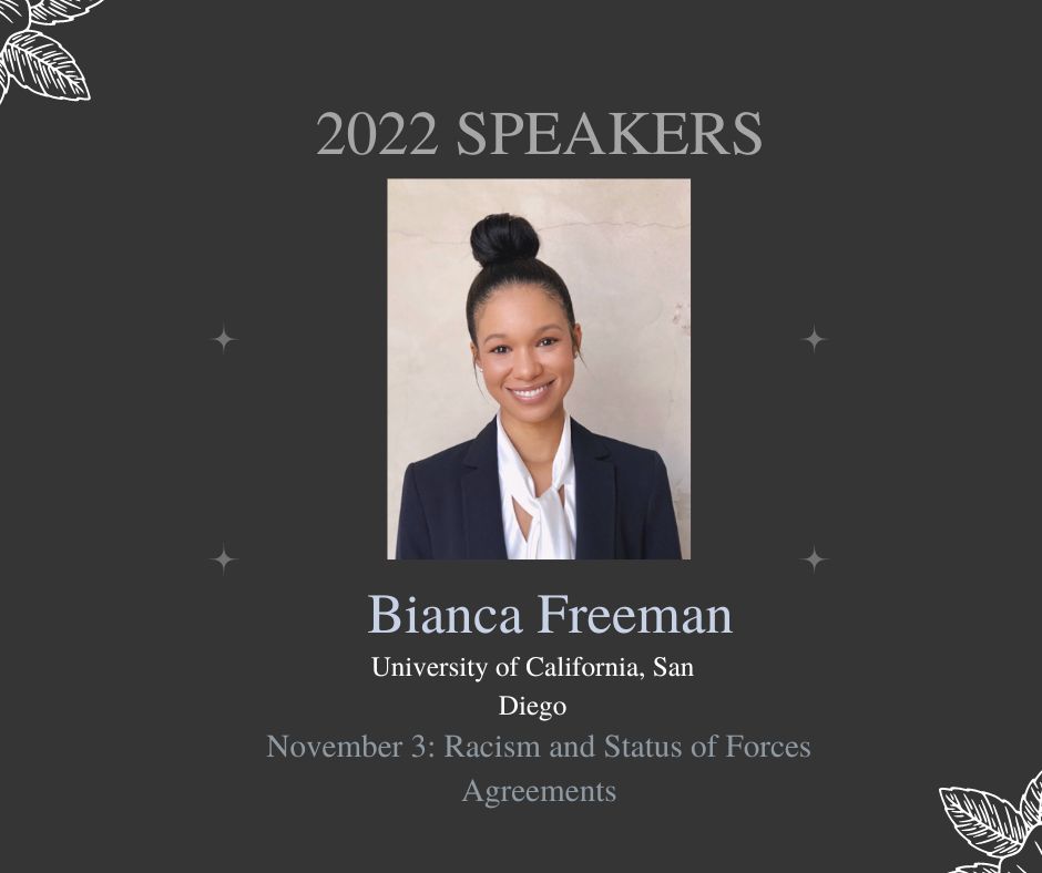 .@bfreepolsci from @UCSanDiego will speak about 'Racism and Status of Forces Agreements today. Stay tuned for some insights from Ms. Freeman's session for #IGL2022. @TischCollege @tufts