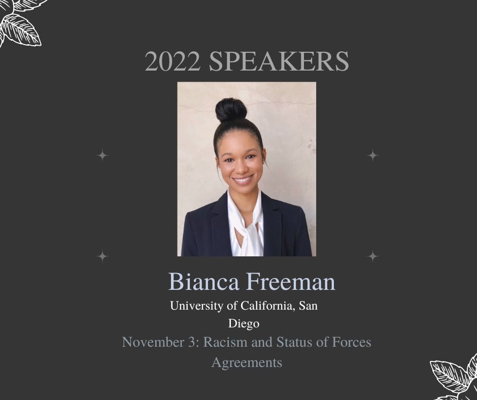 .@bfreepolsci from @UCSanDiego will speak about 'Racism and Status of Forces Agreements on November 3, 2022. Stay tuned for some insights from Ms. Freeman's session for #IGL2022. @TischCollege @tufts