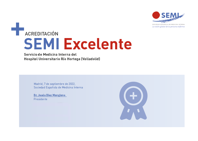 🩺🏥Desde @Sociedad_SEMI queremos felicitar a todo el equipo del Servicio de #MedicinaInterna del Hospital Universitario Río Hortega de #Valladolid #HURH por la reciente concesión de la acreditación #SEMIExcelente. 👏¡Enhorabuena compañeros/as! @FundacionImas @Salud_JCYL