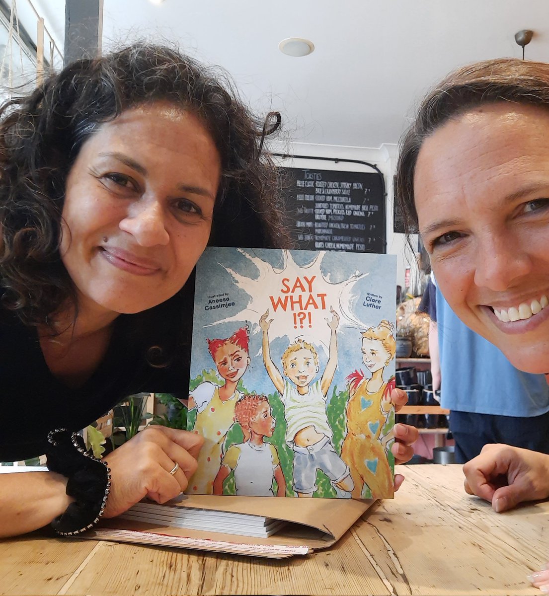clutherauthor's tweet photo. 🤩 Big grins 🤩 Our first 'in-person' meet up in over six months and it was lovely to have SAY WHAT!?! in hand. Thank you for a vibrant and colourful journey with this project, @AneesaCass. #chinwag #catchup #inperson #bookinhand #newbook #christianchildrensbook #goodnews https://t.co/EXM4xUMTTi