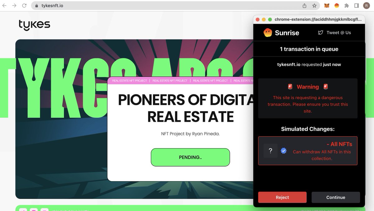 🚨Scam Alert🚨

This free mint site is a scam for @TykesNFT, detected by Sunrise's wallet transaction simulation. 

https:// tykesnft. io/

❌DO NOT MINT. It will drain your wallet❌