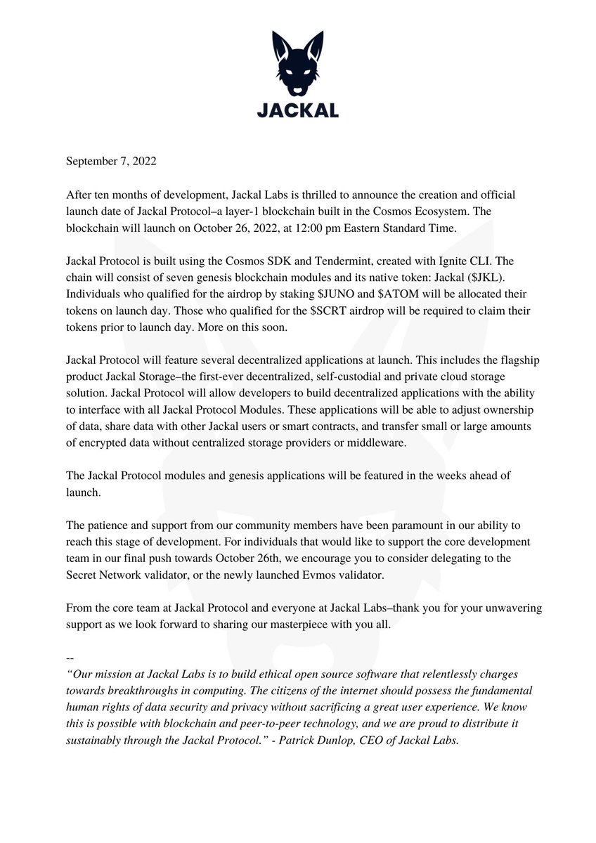 Jackal Protocol: Cosmos L1 Blockchain Launching October 26, 2022. 

Read more 👇