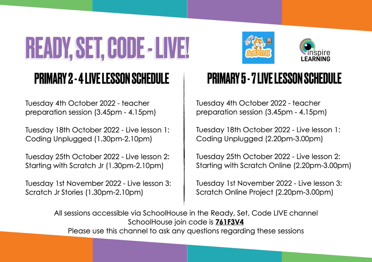 inspireSBC's tweet image. 👩💻 We are delighted to announce that we are bringing back #ReadySetCodeLIVE to Borders primary schools in October and November.
🙋🏻♂️ Want to join our live coding lessons? Make sure you are a member of SchoolHouse
📆 All dates and details below - start spreading the word!
#Coding