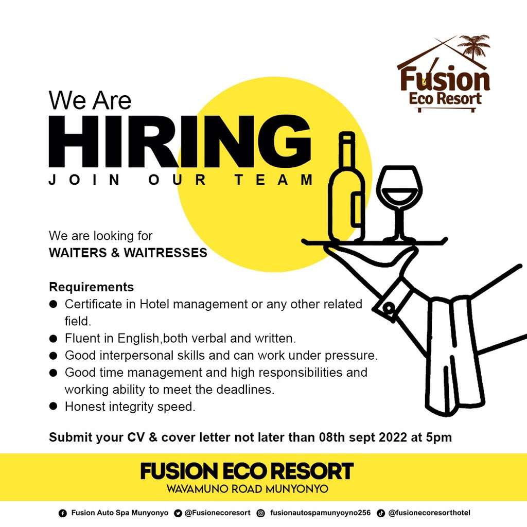 FUSIONECORESORT's tweet photo. You have all it takes? Kindly submit your CV and cover letter to our premises in Munyonyo along Wavamuno Road.

For inquiries; Call +256 703 531305 https://t.co/IbYOwx8qzf