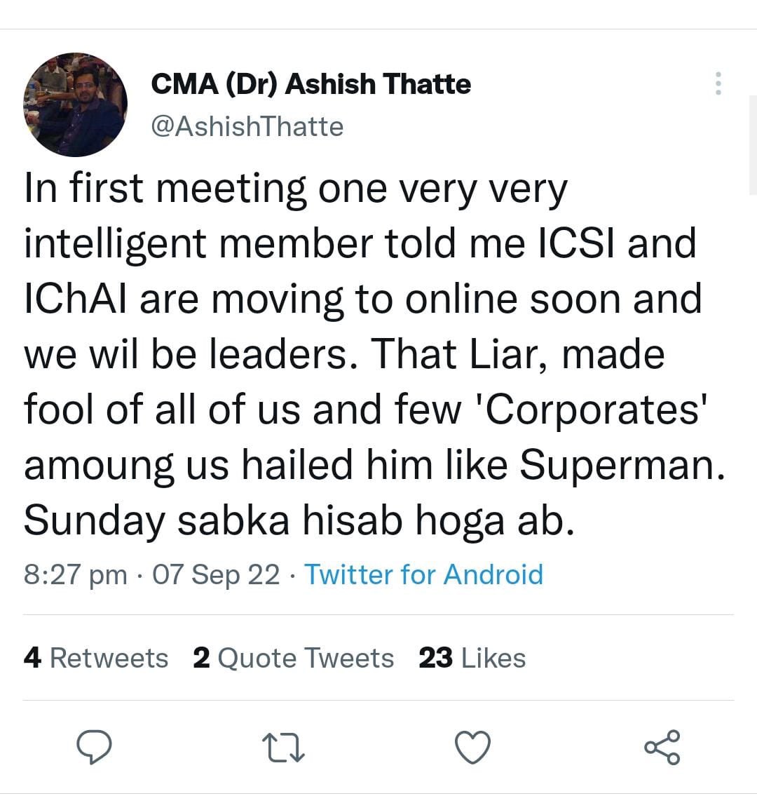 a_veerraj's tweet photo. You listen to intelligent member, he said that two institutes are conducting the online exams, you listen to him, you and the institute played with the students,
Sharam rahana hei,,, to speak like.. @AshishThatte @ICAICMA @icai_cma https://t.co/rMUcIwj4u0