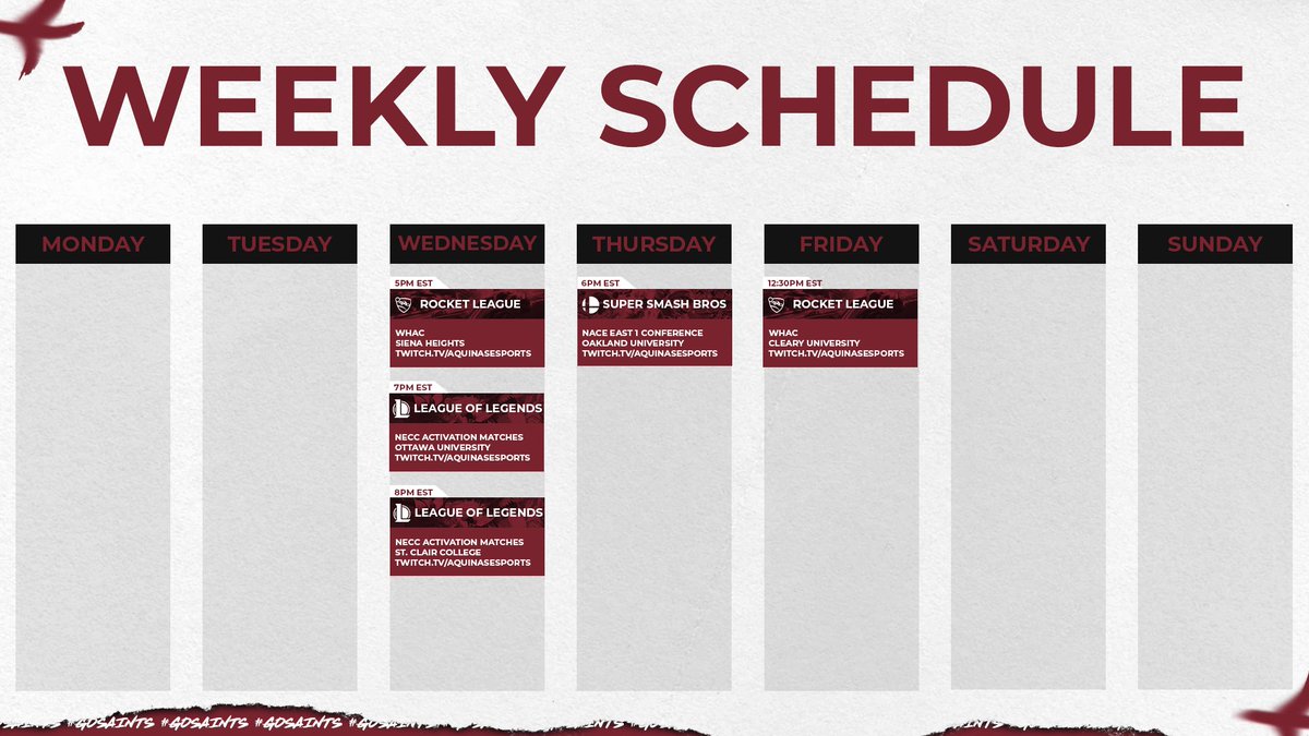 AquinasEsports's tweet photo. Week of 9/5/2022 | AQ Esports Schedule 📅

First week of the Fall 2022 season! 🥳

#GoSaints 🐶 https://t.co/VnVPKN4PtY