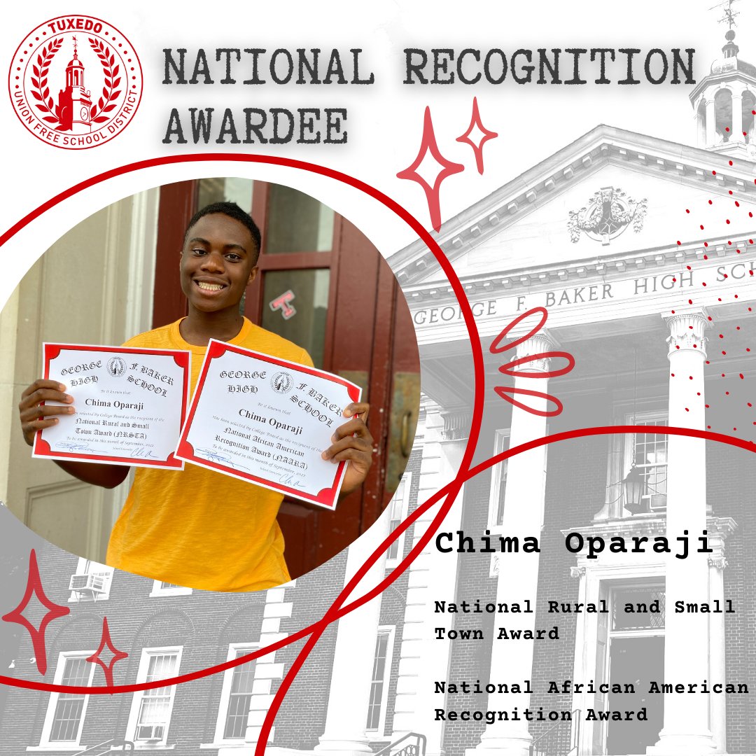 TuxedoUFSD's tweet image. Congrats! George F. Baker Seniors Grace Donnelly, Mario Ginis, Parker Givens and Chima Oparaji earned the National Rural &amp;amp; Small Town Award from @collegeboard’s #NationalRecognitionProgram. Oparaji was also honored with the National African American Recognition Award. #tuxedoufsd