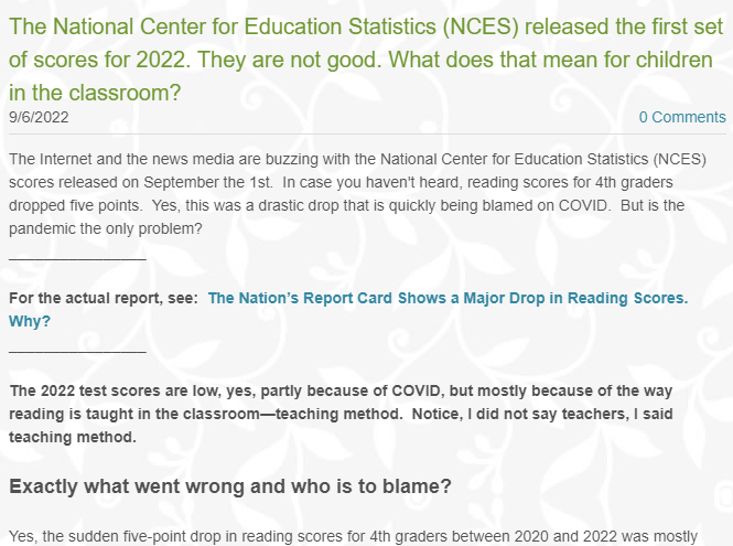 The National Center for Education Statistics released the first set of scores for 2022. They are not good. What does a mean for children in the classroom?

#reading groupcentered.com/reading-blog/t…