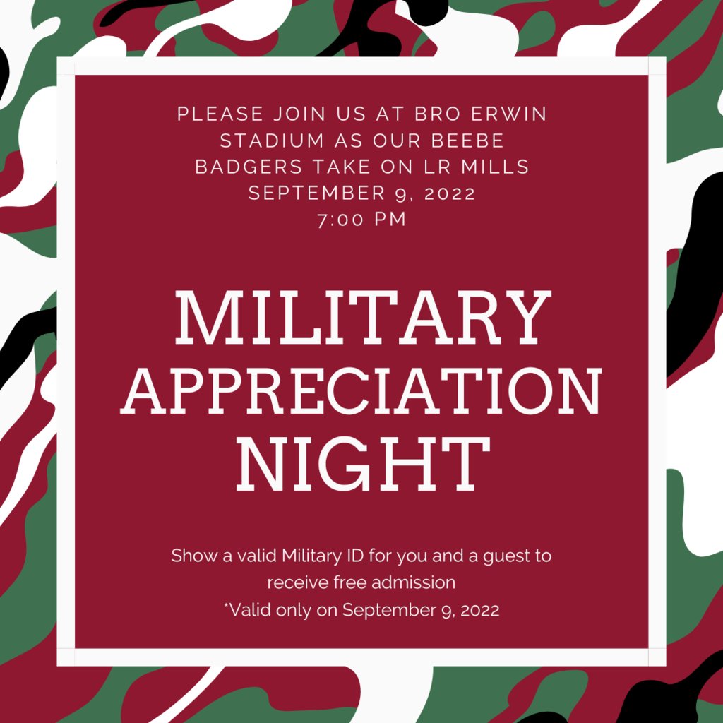 Beebe_Schools's tweet photo. We will hold our next Military Appreciation Night this Friday, September 9th at the Sr. Football game vs Little Rock Mills! Show a valid military ID for you and one guest to receive free admission to the game! #BPRD https://t.co/bHL0rJkJPq