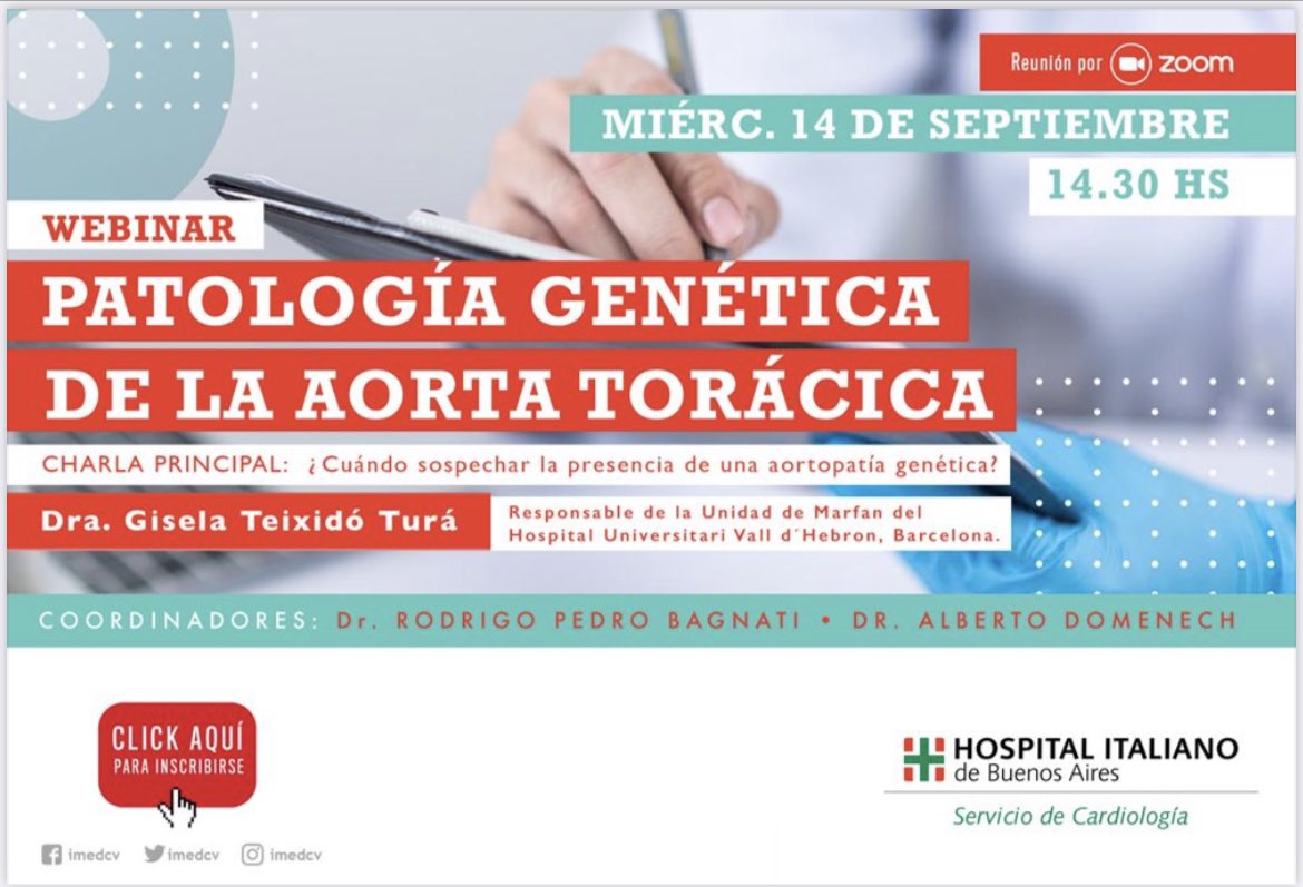 Santiago Decotto, MD (@decottosantiago) on Twitter photo Se viene un gran webinar sobre patología genética de la aortica torácica.
Inscribite con el siguiente link:
us02web.zoom.us/meeting/regist…
No te lo podes perder!! Se viene un gran webinar sobre patología genética de la aortica torácica.
Inscribite con el siguiente link:
us02web.zoom.us/meeting/regist…
No te lo podes perder!!