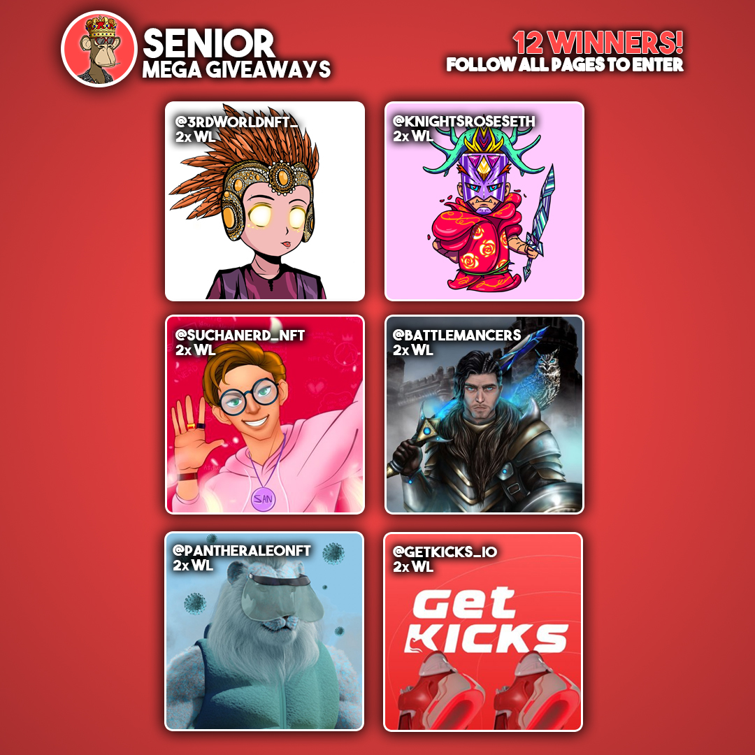 SeniorNFT's tweet image. 🔥MEGA WL GIVEAWAY 🔥

2x WL @3rdworldnft_
2x WL @KnightsRosesETH  
2x WL @SuchANerd_NFT   
2x WL @BattleMancers  
2x WL @PantheraLeoNFT  
2x WL @GetKicks_io  

Must:
🔹Follow ME + ALL Pages Above👆
🔹RT +❤️
🔹Tag 3 friends

⌛ 24 hours⌛
