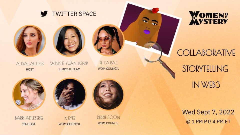 Shhh! Join me with <a href="/NotEvaMorales/">Women of Mystery</a> and the Women of Mystery today at 1PM PT to talk collaborative storytelling and project discovery in #web3 <a href="/debsoon/">Debbie Soon</a> <a href="/TechWithX/">X. Eyee</a> <a href="/WinnieYuanKemp/">The Logophile's Lexicon</a> <a href="/rhearaj/"></a> co-hosted by <a href="/BarriEssentials/">Barrie</a>  

x.com/i/spaces/1BdGY…