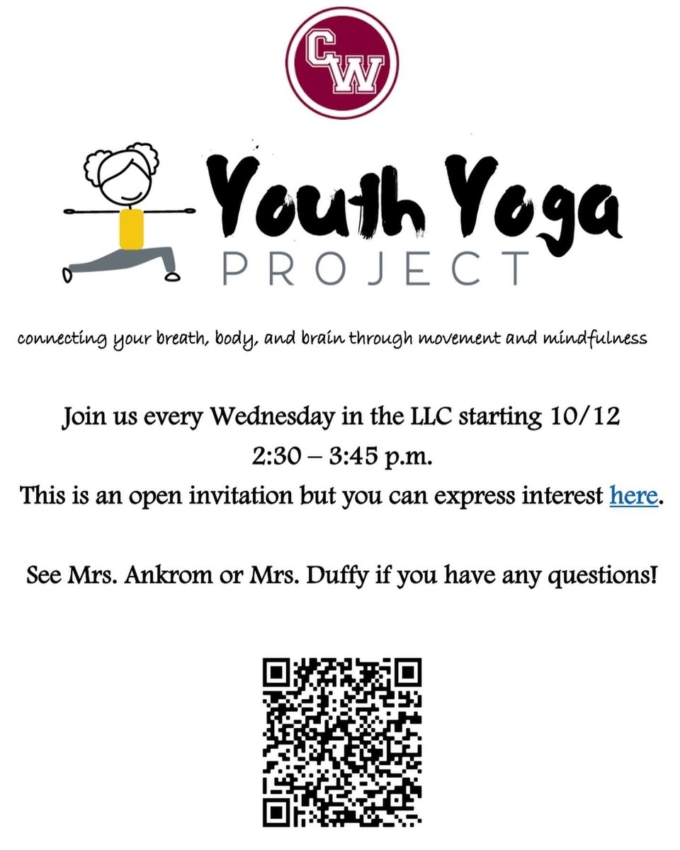 CWHS_Office's tweet photo. Youth Yoga Project is starting in October! Open to all CWHS students. #ConnectToPositive https://t.co/kctfSphH1V