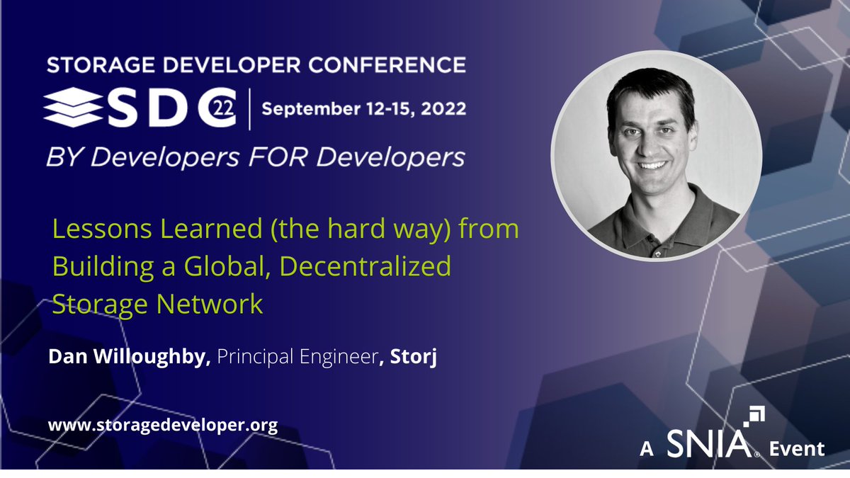 storj's tweet image. Join Storj&apos;s Principal Engineer, @plainice_ for a session on lessons learned from building a decentralized storage network at the @SNIASDC next week!
hubs.li/Q01lMKdX0
