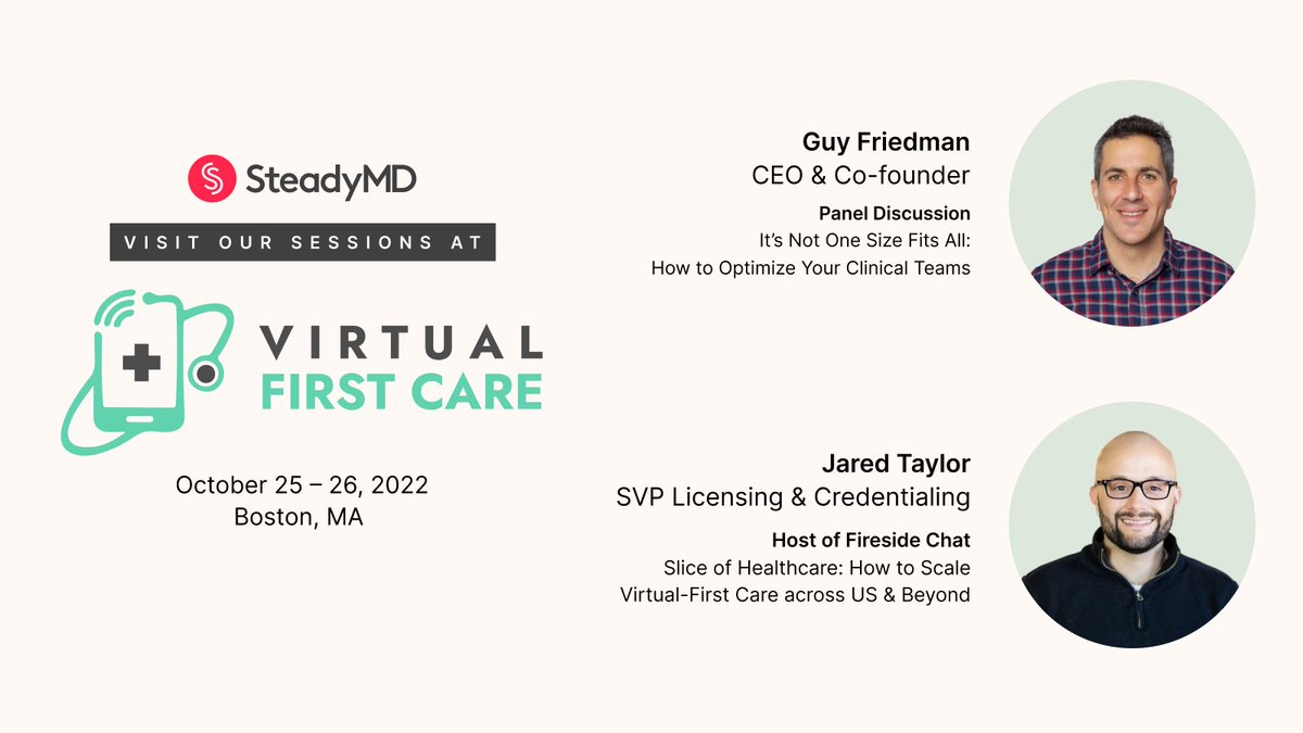 We're excited to announce that we will be at the Virtual-First Heathcare Summit this October! Our CEO @guyfriedman will be speaking on a panel & @jaredstaylor, SVP Licensing & Credentialing, will be hosting a fireside chat. We can't wait to see you there! bit.ly/3PYlfiI