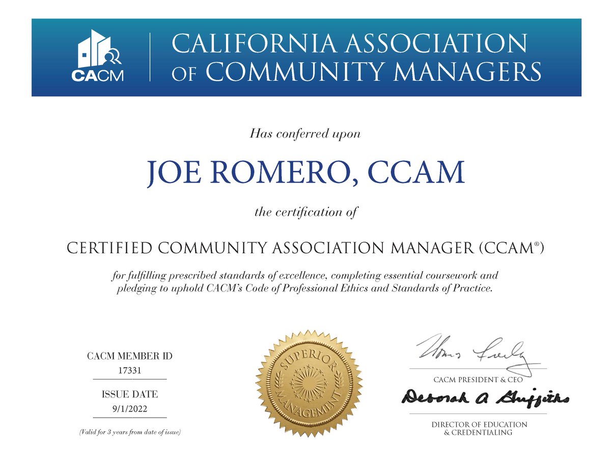 CACMchat's tweet photo. Congratulations Joe Romero, CCAM, on recently becoming a certified community association manager in the state of California! We celebrate this achievement!
#CCAM #CaliforniaCertified #HOA #communitymanagement #professionalmanager https://t.co/7I9JKaQREX