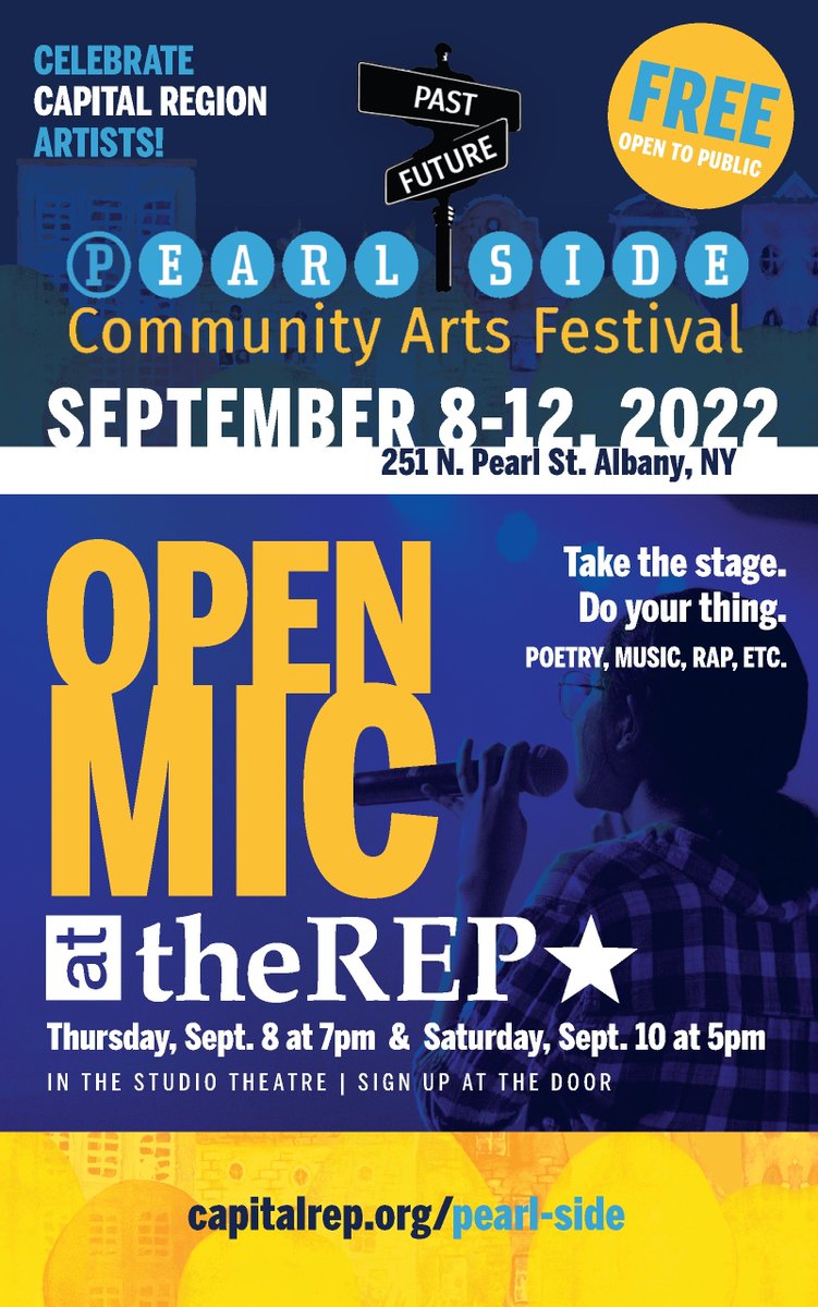 Grab the mic and show your own talent at theREP's first Open Mic sessions at the Pearl Side Community Arts Festival Thursday, Sept. 8 at 7pm and Saturday, Sept. 10 at 5pm! Full schedule at capitalrep.org/pearl-side. 

Partners: <a href="/BlacktroupeNY/">Black Theatre Troupe of Upstate NY, Inc.</a> <a href="/TroyFoundry/">Troy Foundry Theatre</a> <a href="/AACCCR_Albany/">AACCCR</a> <a href="/acgallery/">Albany Center Gallery</a>