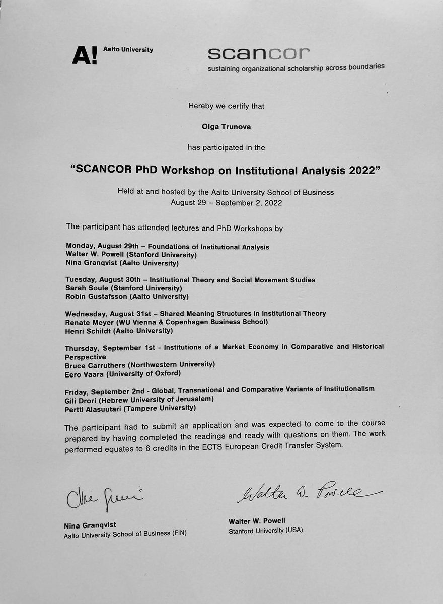 Trunova_Olga7's tweet photo. It has been a great and truly intense week full of theoretical discussions and inspiring presentations. Enourmously big thanks to organizers at @Aalto, invited speakers and wonderful audience. Glad to become a part of “Scancor family”! #scancor #phd #finland #institutionalism https://t.co/xrzTA9BFvR