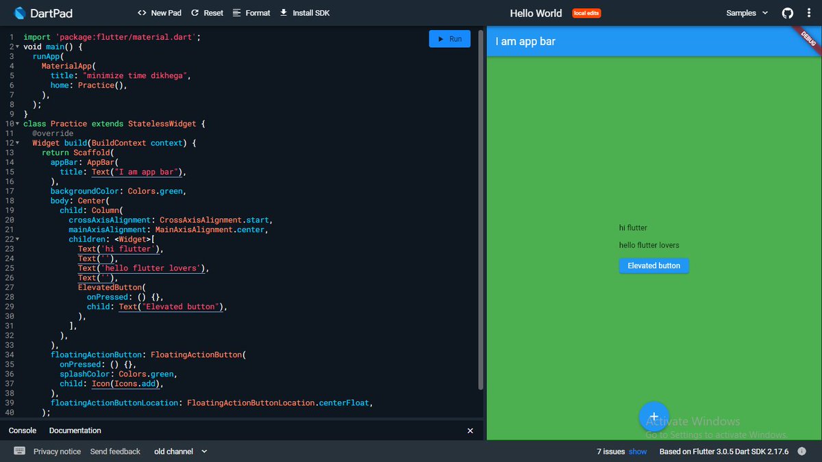 Rahul_codingrah's tweet image. Day 3 : #90DaysofFlutter

#firstStatelessApp #statelessWidget #DartPad #iAmLovingIt
#flutterdev #flutter #dart #100DaysOfCode 

@imthepk @FlutterDev @IndiaFlutter
@googledevs @FlutterVikings