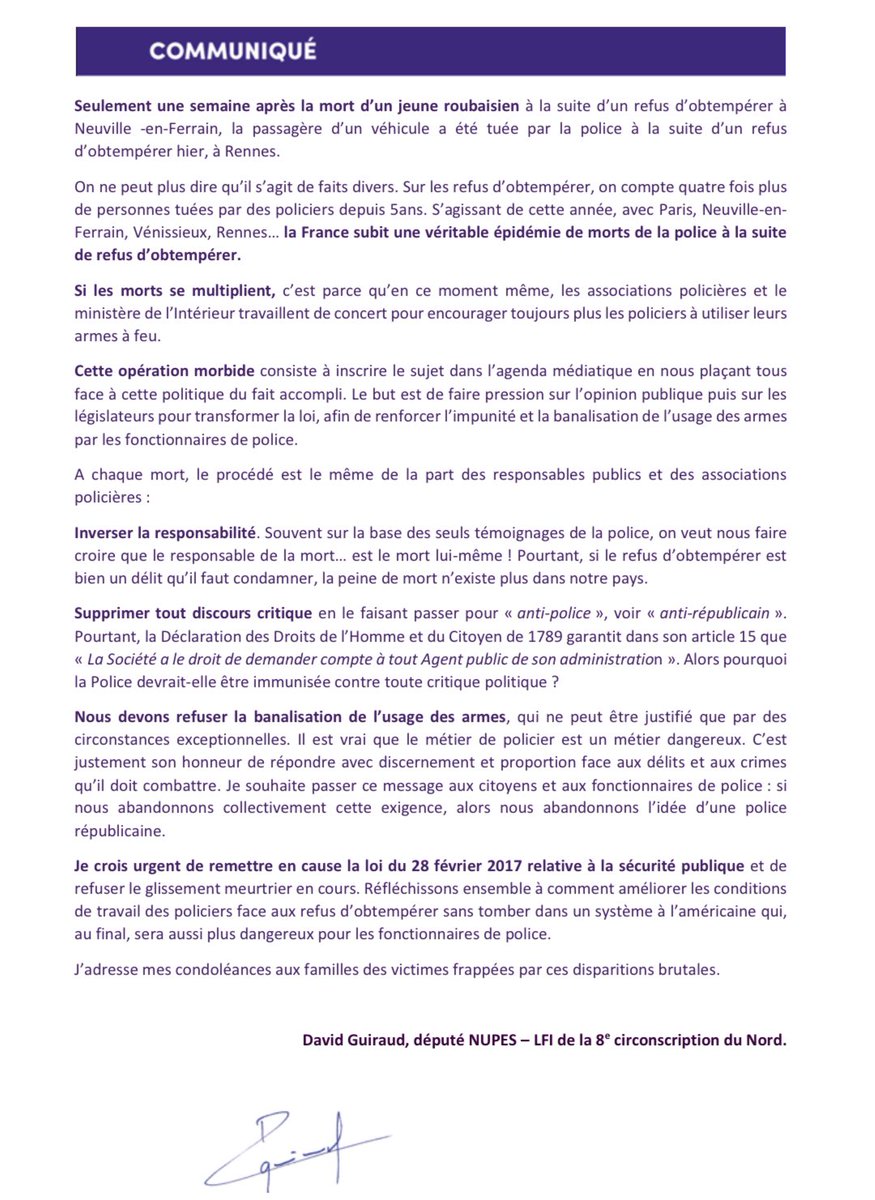 GuiraudInd's tweet photo. 🚨 Rennes, Paris, Neuville-en-Ferrain… ce ne sont pas des faits divers. La France connaît une épidémie de mort de la police suite à des refus d’obtempérer

Je refuse la banalisation de l’usage des armes. Ne cédons pas à la pression des associations policières et du gouvernement. https://t.co/uFIEhzyMO7
