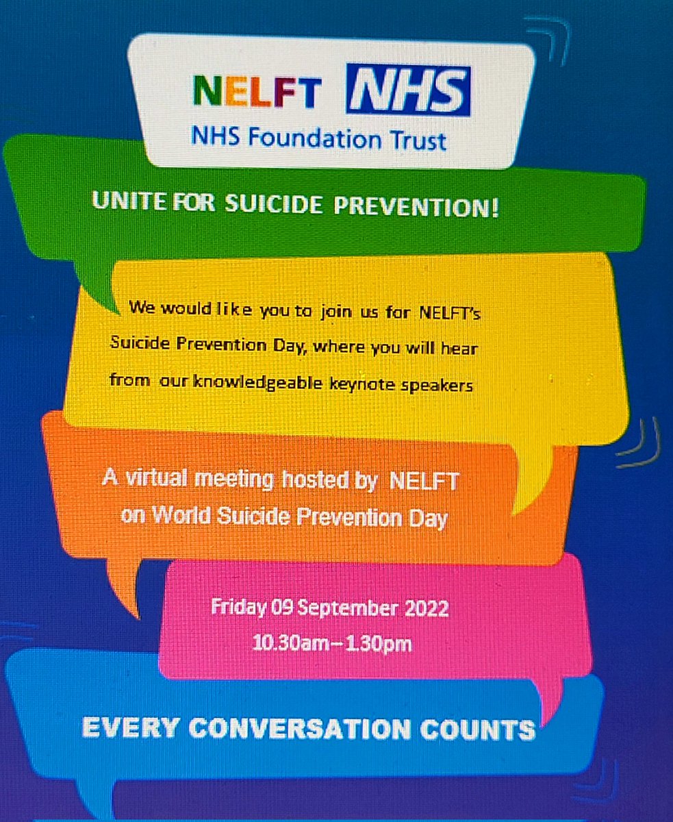 NELFT_effective's tweet photo. Looking forward to our next event #patientsafety on Friday 09 Sept 2022 starting from 10.30am - 1.30pm. Please save the date & let's unite for #SuicidePrevention #EveryConversationCounts @CathrineLund4 @wmakala @Lucy32134139 @DrVincentPerry @NELFT @NELFTLetsEngage @psylligent https://t.co/bl7iOp6exM