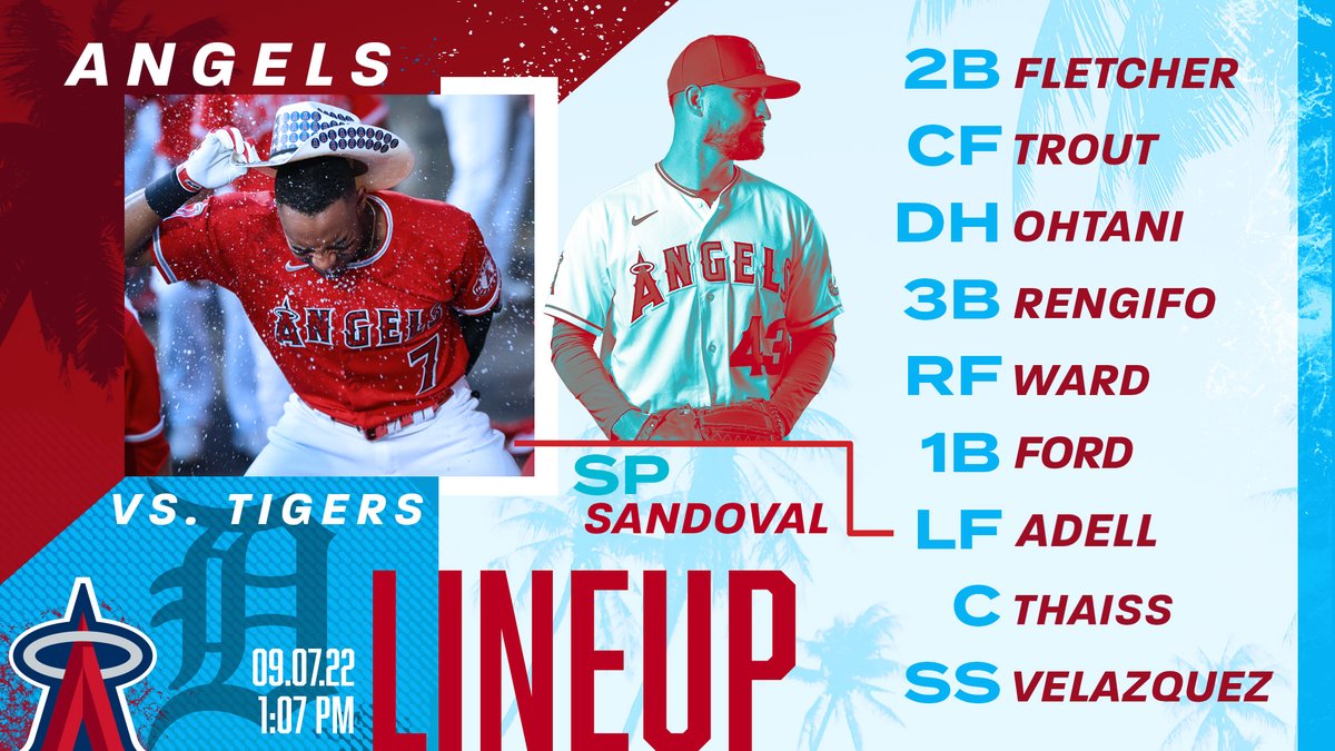 September 7 lineup: 2B Fletcher, CF Trout, DH Ohtani, 3B Rengifo, RF Ward, 1B Ford, LF Adell, C Thaiss, SS Velazquez, P Sandoval