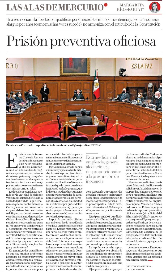 ramon_edd's tweet photo. La ministra @MargRiosFarjat escribe hoy en Milenio sobre prisión preventiva oficiosa 👇🏽 https://t.co/DJFicjjmn2