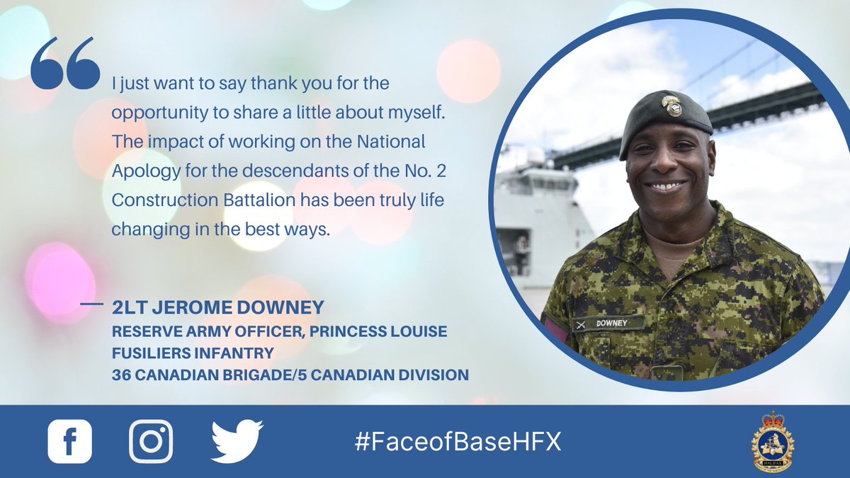 CFB_BFCHalifax's tweet photo. “I just want to say thank you (...) The impact of working on the National Apology for the descendants of the No. 2 Construction Battalion has been truly life changing in the best ways.” - #FaceofBaseHFX 2Lt Jerome Downey
➡️https://t.co/c5d8J4pgNA https://t.co/041y6BzGej