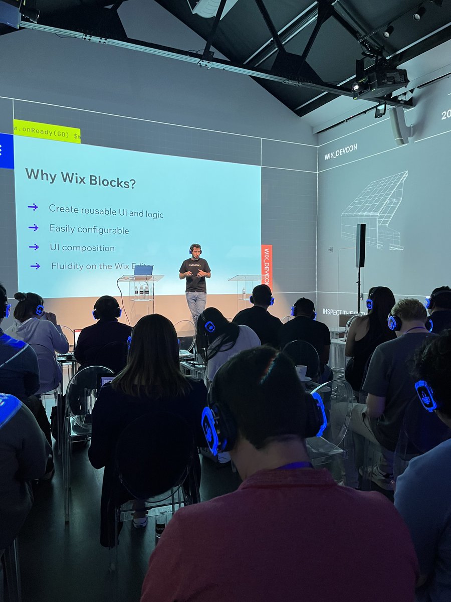 Wix's tweet image. Time to pull out the 🎧

Multiple breakout sessions are going on in the same space at once. The headphones attendees received block off any external noise—allowing them to only hear the session they want, by setting the headphones to a certain frequency.

#WixDevCon2022