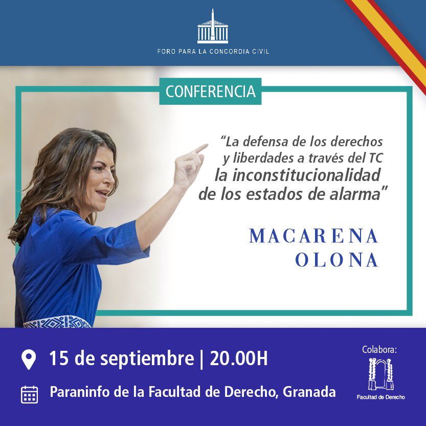 Macarena_Olona's tweet photo. Hace unos meses inicié un ciclo de conferencias jurídicas en las Universidades. Es el momento de retomarlo. Comenzamos en Granada. A quien tanto debo. La entrada será libre hasta completar aforo. #caminandoespaña https://t.co/eTWMgIYTrg