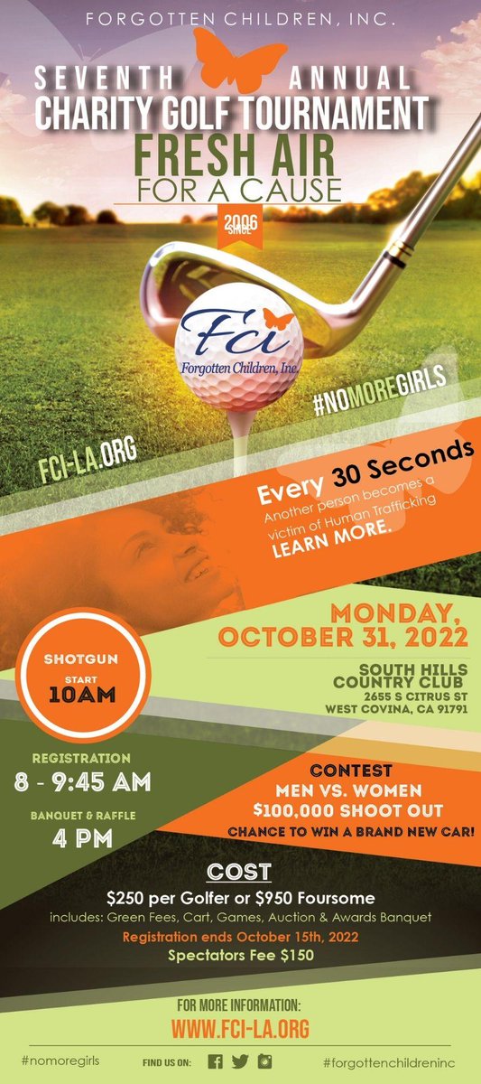 FCItweets's tweet photo. Sponsors Wanted! On Monday October 31st, 2022, Forgotten Children, Inc. (FCI) will host the 7th annual  “Fresh Air For A Cause” Charity Golf Tournament at South Hills Country Club in West Covina, CA. For more information click the link.
https://t.co/rK1Mzso62J https://t.co/zE4QzdaOox